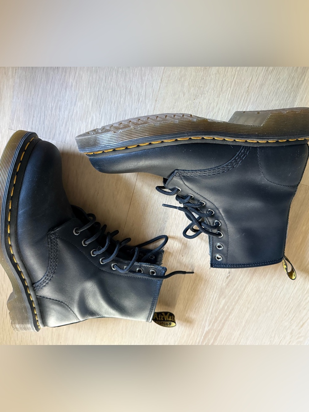 Dr. Martens Black Leather 8-Eye Lace-Up Boots with Yellow Stitching